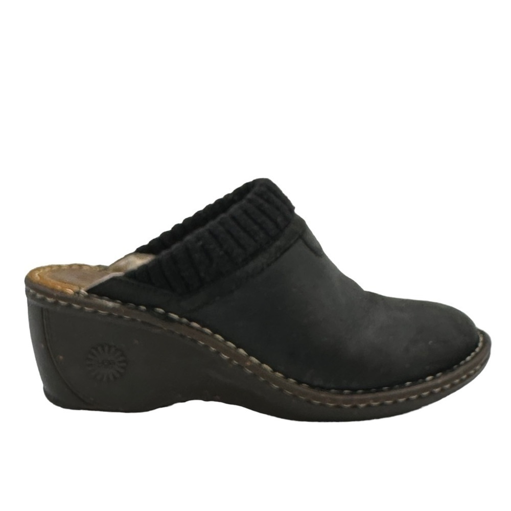 UGG Gael Black Suede Leather Sherpa Lined Clog with Sweater Cuff Size 7